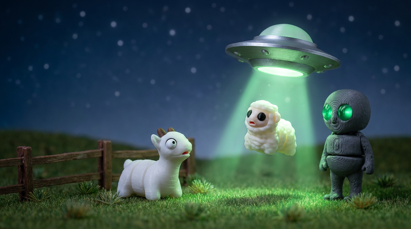 Printies UFO farm scene — alien, sheep and goat