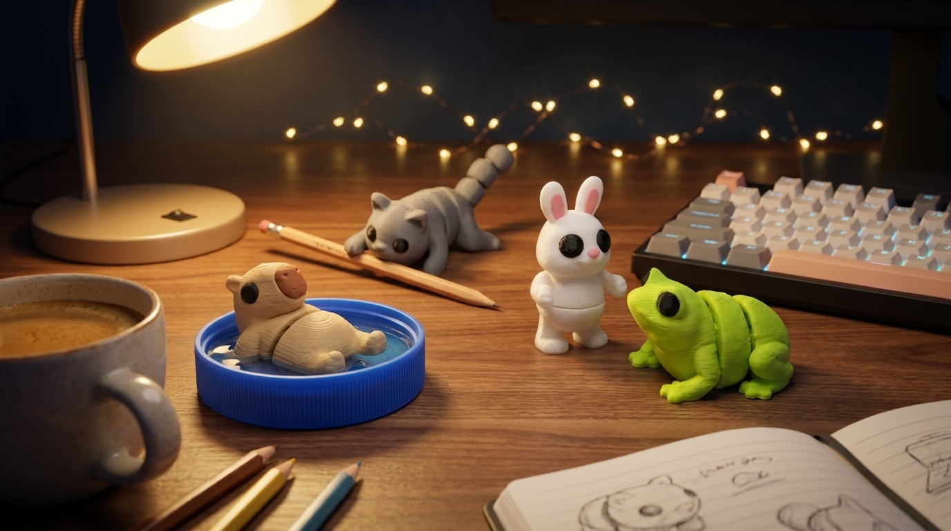 Printies desk scene — cat, capybara, bunny and frog