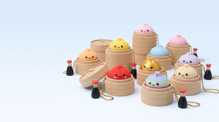 Printies Clickers — dumpling fidget clickers in nine colours with soy sauce charms