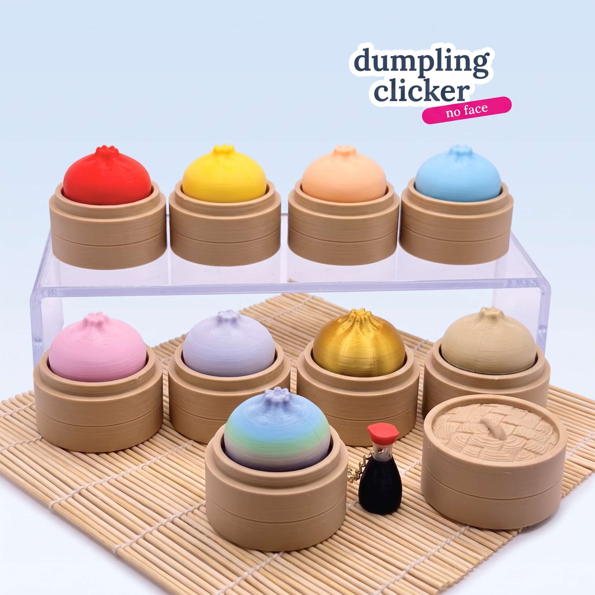 Dumpling clickers with the plain no face option, all nine colours