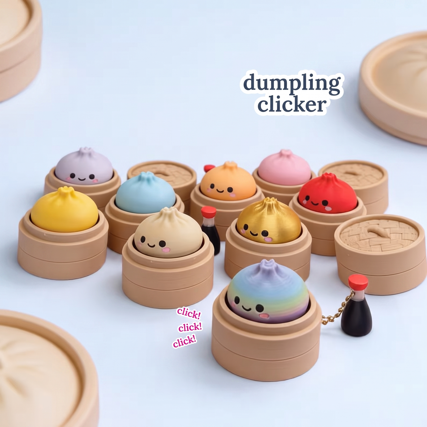 Nine Dumpling Fidget Clicker keychains in every colour, each in its own steamer basket
