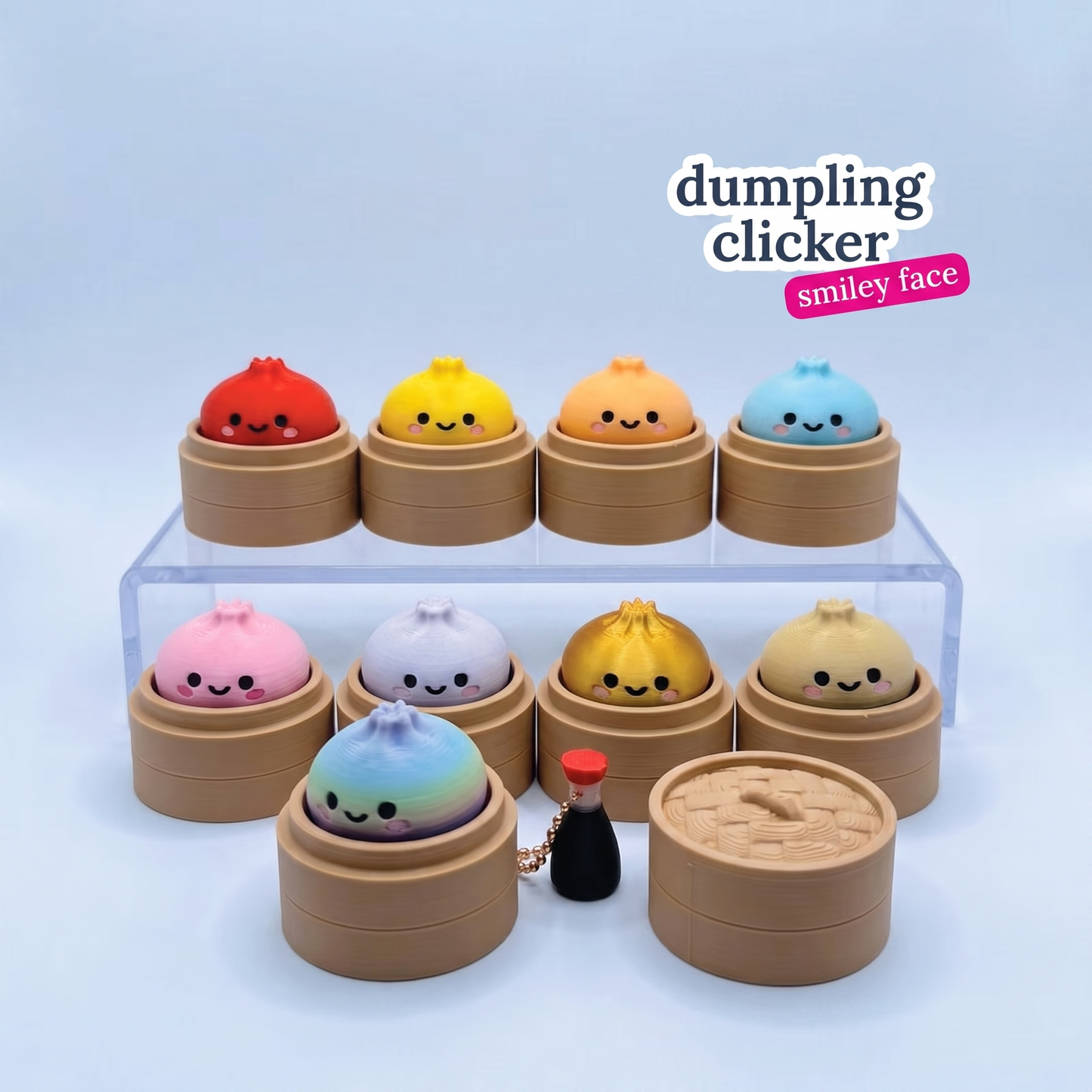 Dumpling clickers with the smiley face and rosy cheeks option, all nine colours