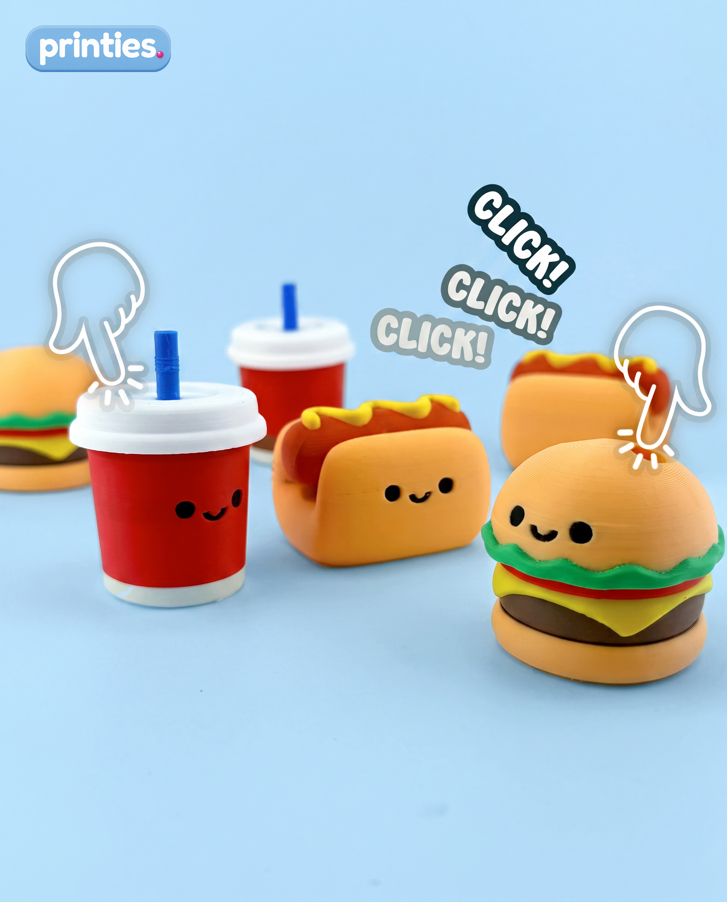 Junk Food fidget clickers - burger, hotdog and soda with kawaii faces