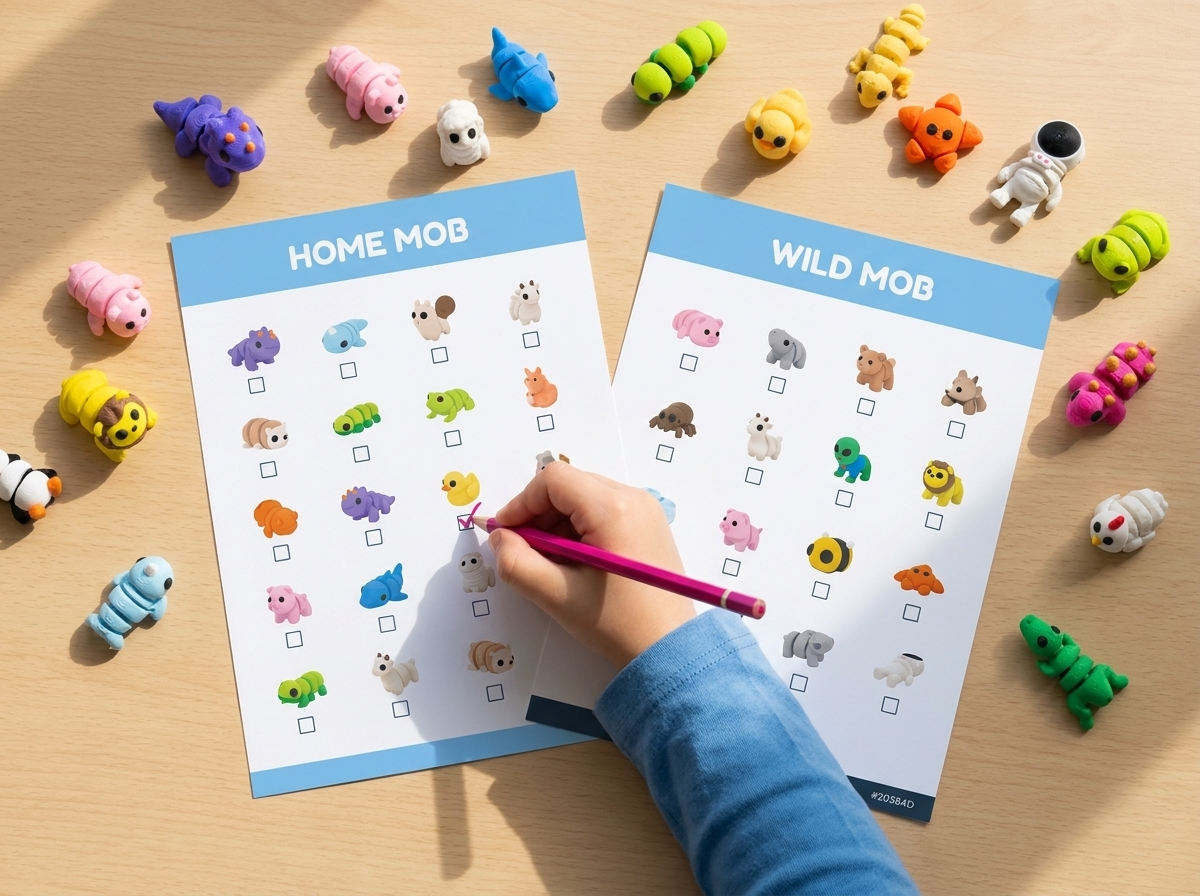 Collector sheets — Home Mob and Wild Mob checklists with mini printies