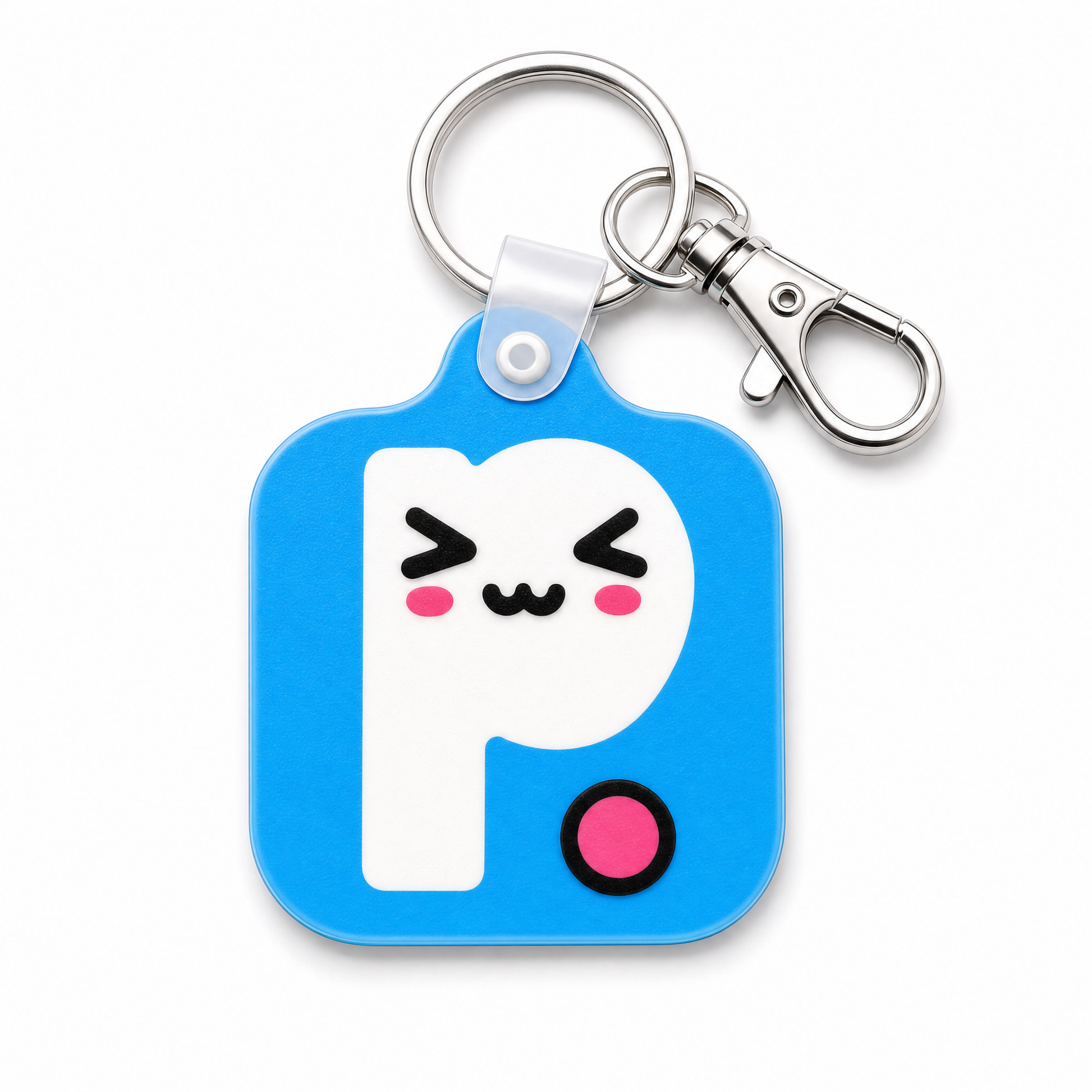 Printies NFC Keyring — blue kawaii P logo charm with clasp
