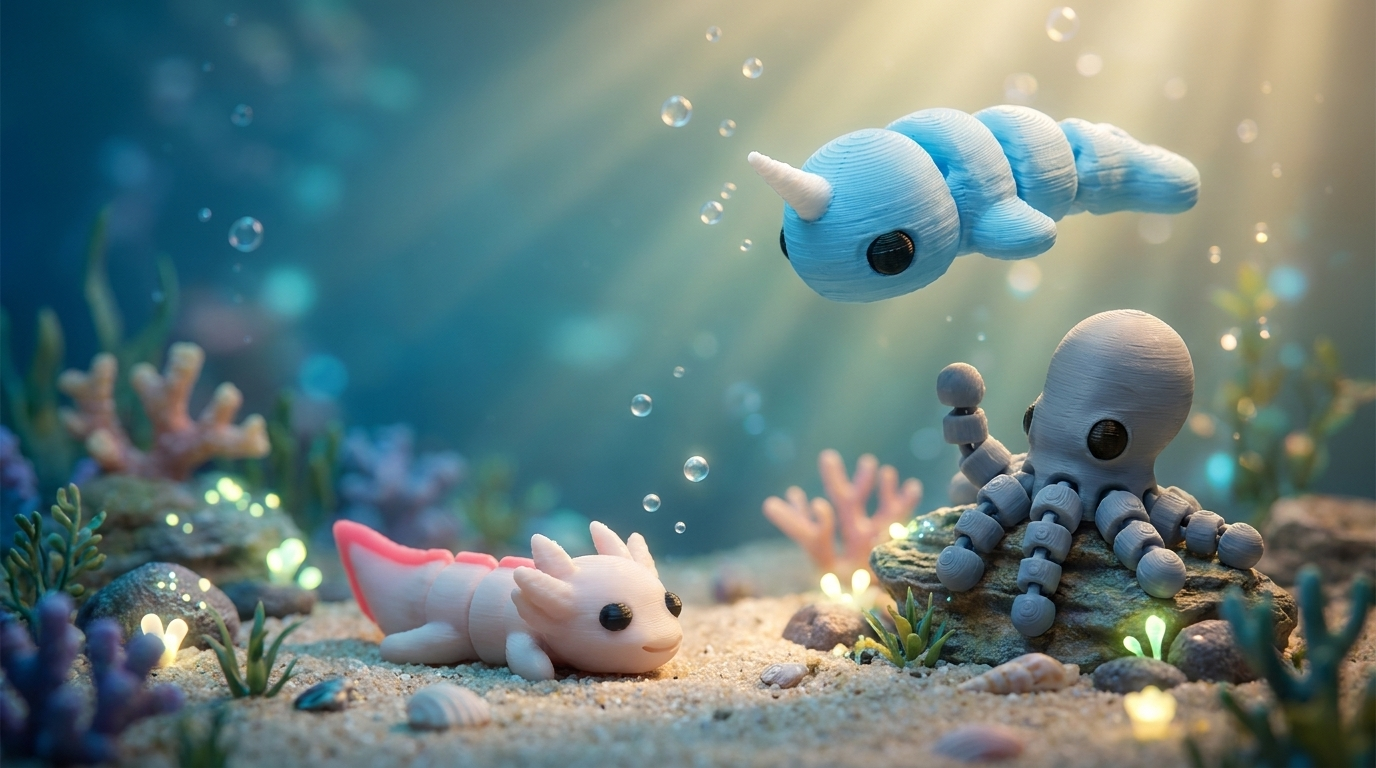 Printies ocean scene — narwhal, octopus and axolotl