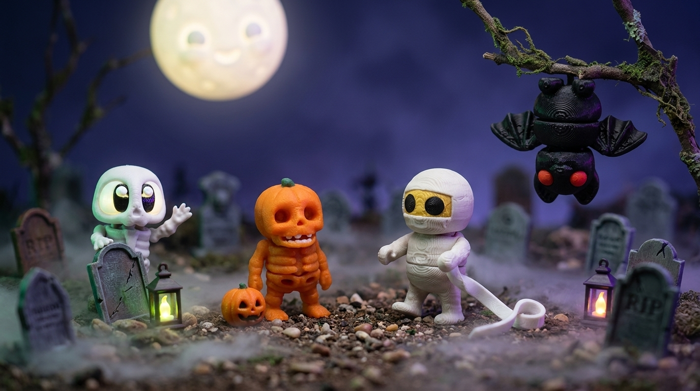 Printies graveyard scene — skeletons, mummy and bat