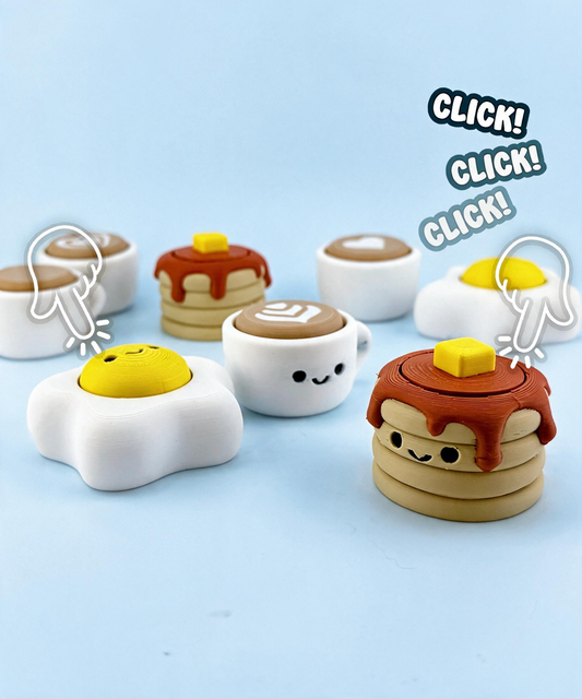 Breakfast fidget clickers - pancakes, fried egg and latte with kawaii faces
