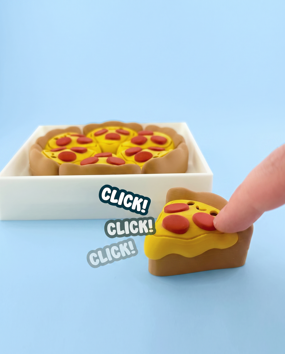 Pizza slice fidget clicker being pressed, with its pizza box