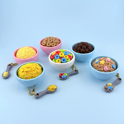 Five 3D printed cereal bowl clickers - loops, puffs, flakes, krispies and charms