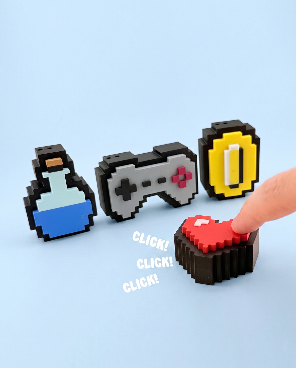 Pixel art retro game fidget clickers being pressed with a click