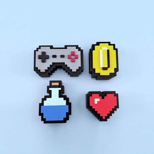 Four 8-bit fidget clickers - controller, coin, potion and heart
