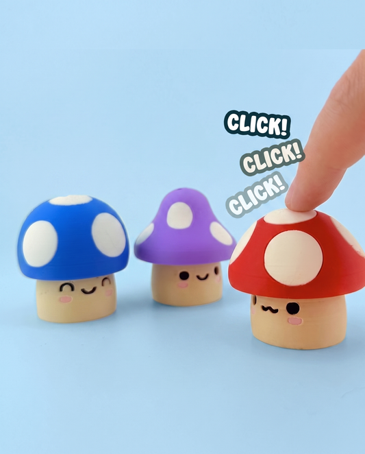 Mushroom friends fidget clickers being pressed with a click