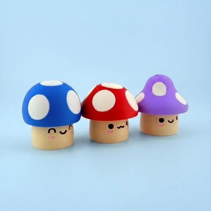 Mushroom fidget clickers lined up showing their sleepy printed faces