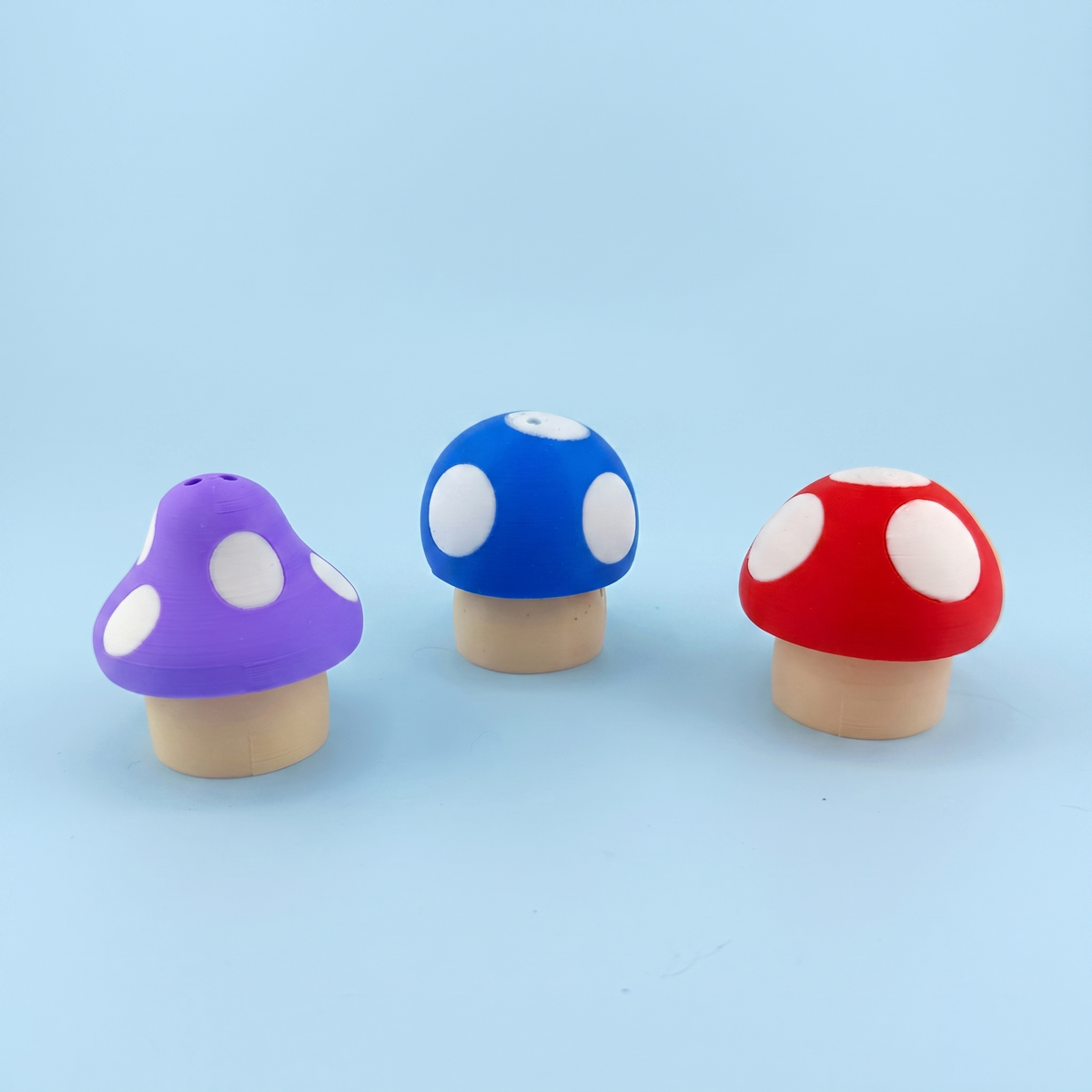 The three mushroom cap colours - purple, blue and classic red