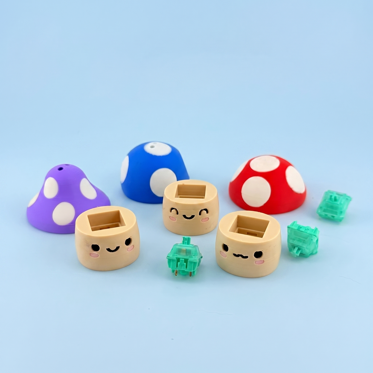 Mushroom clicker parts - printed caps, stalk bases and the mechanical switches inside